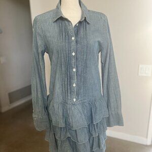 J Crew Women's Blue Chambray Ruffle Dress, Size 6, 100% Cotton